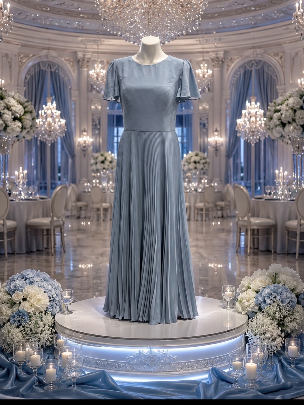 AW Bridal Dusty Blue Chiffon Pleated Wedding Guest Formal Gown Size 10 NWOT